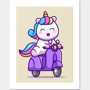 Cute Unicorn Riding Scooter Posters and Art